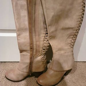 Cream wide leg knee high boots